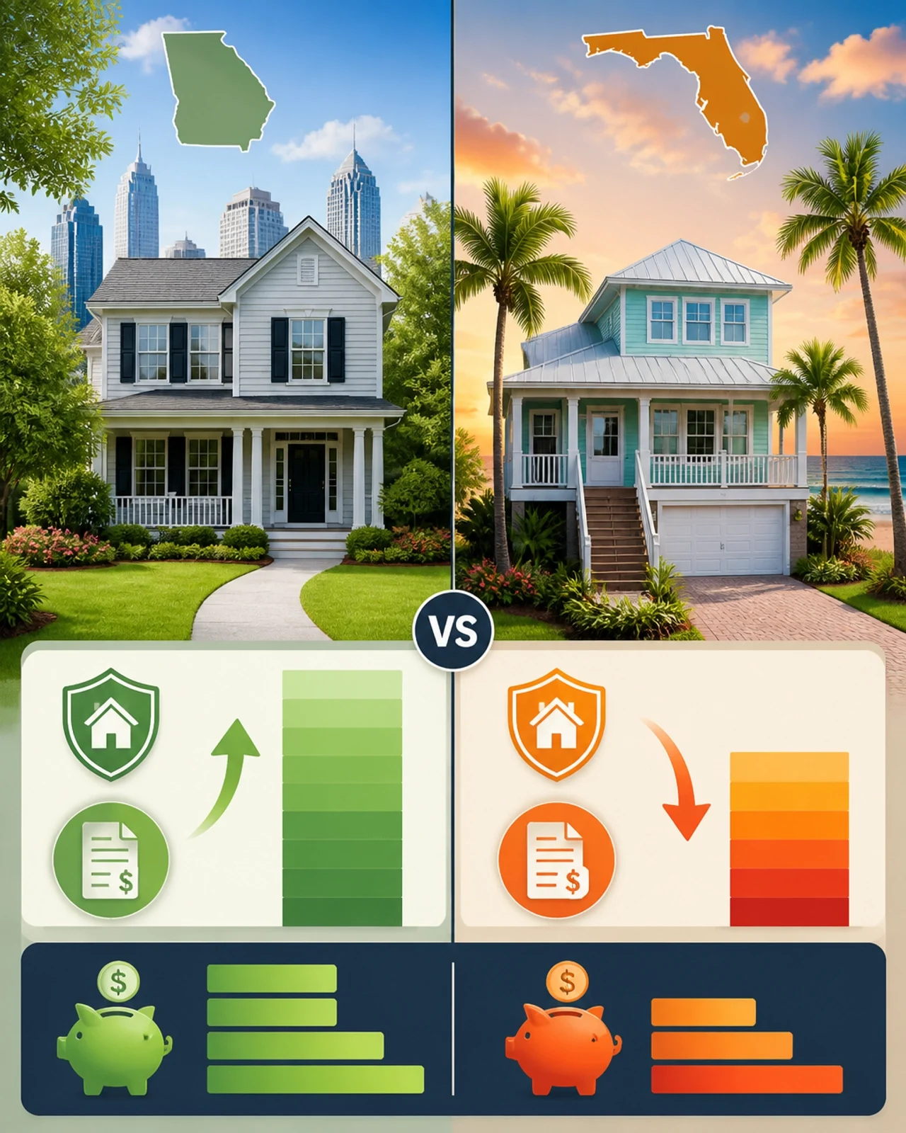 Side-by-side comparison of homeownership affordability and housing market conditions in Georgia versus Florida.