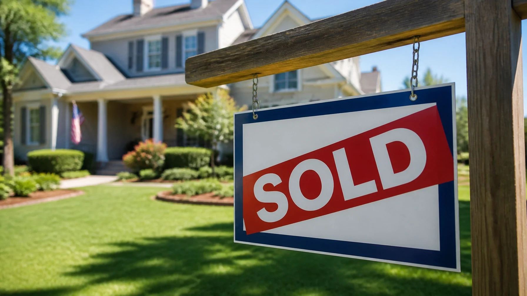 A sold sign displayed in front of a well-maintained suburban home.
