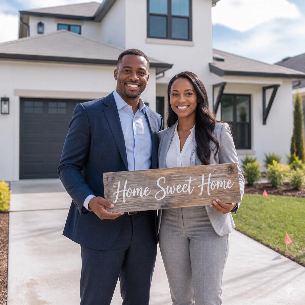A happy couple standing in front of their new home holding a “Home Sweet Home” sign.