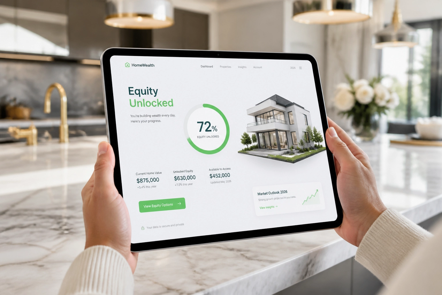 Someone viewing a digital dashboard on a tablet showing home equity growth and available borrowing options in a modern kitchen.