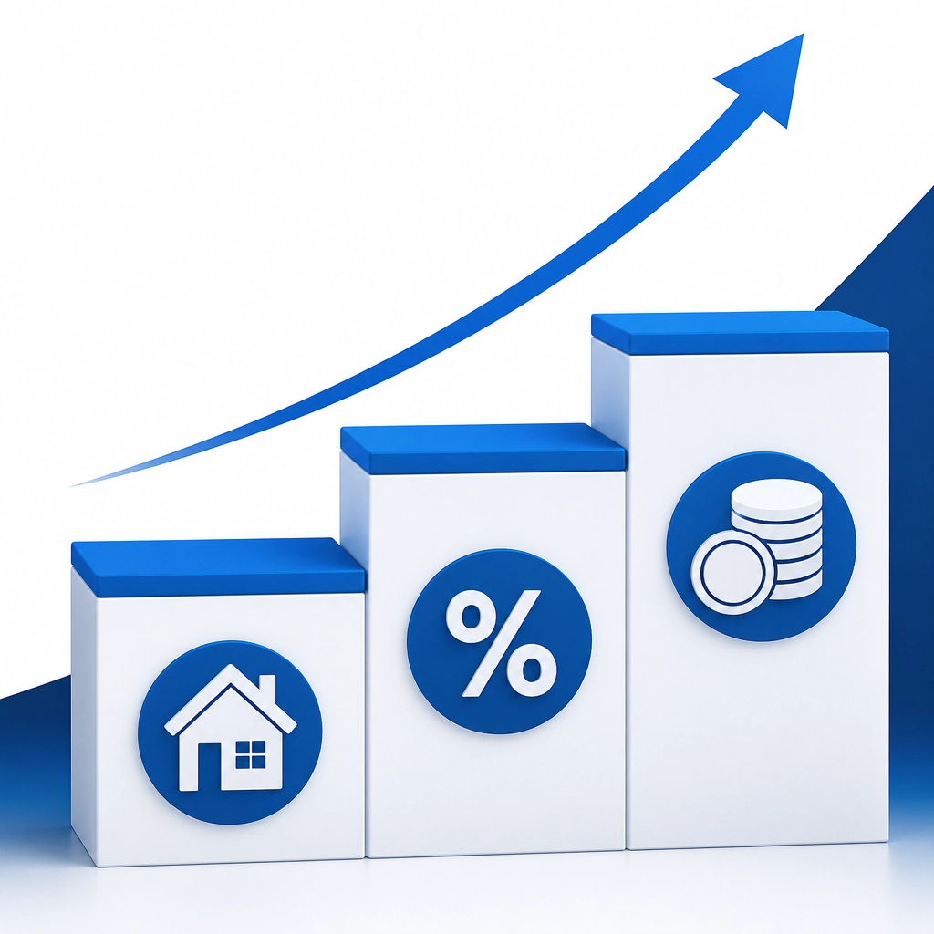 A graphic illustration shows rising home values, interest rates, and financial growth trends.