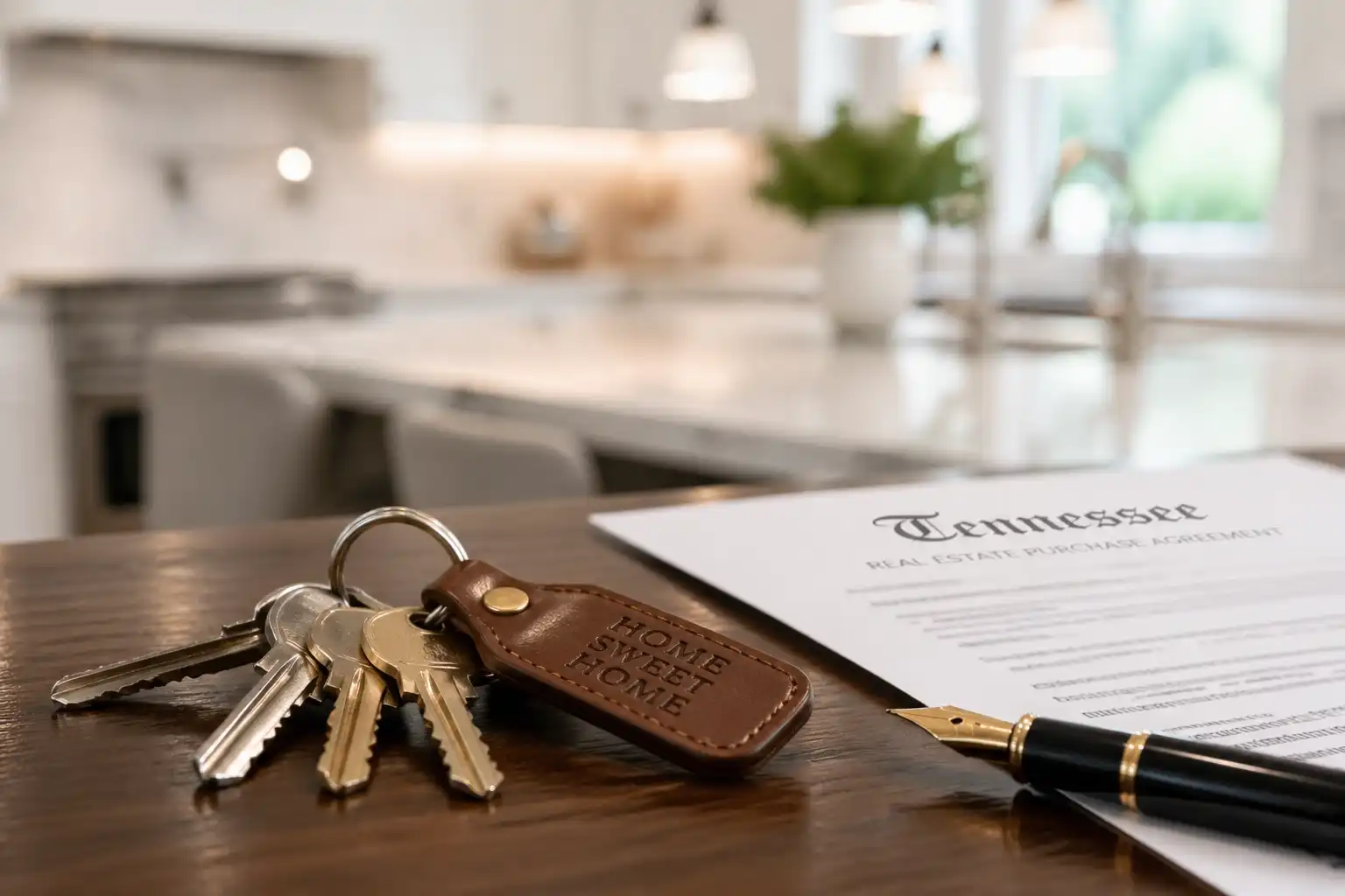 House keys and a Tennessee real estate purchase agreement sit on a kitchen counter, symbolizing a successful home closing.