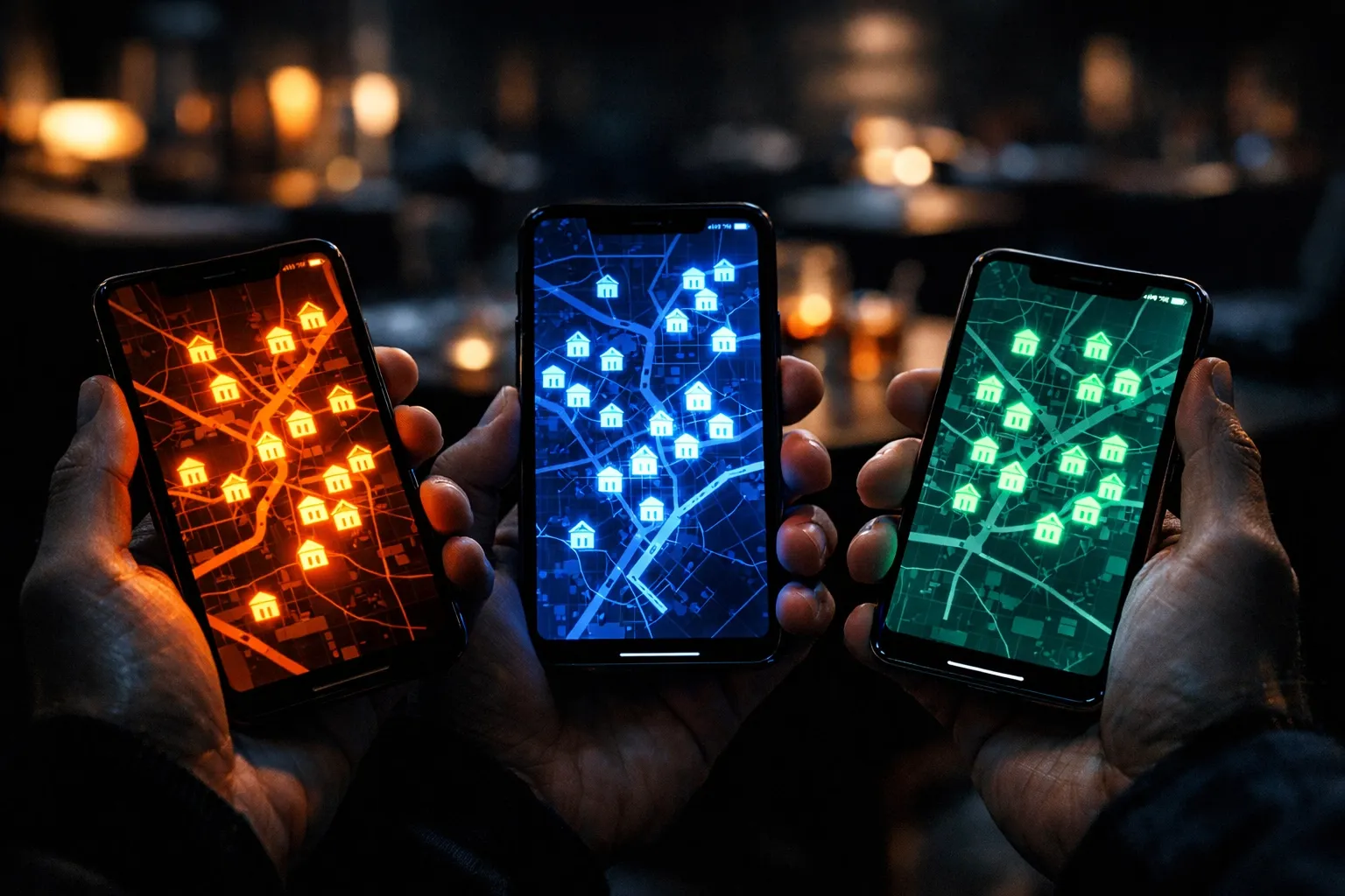 Three smartphones displaying a map interface with housing icons.
