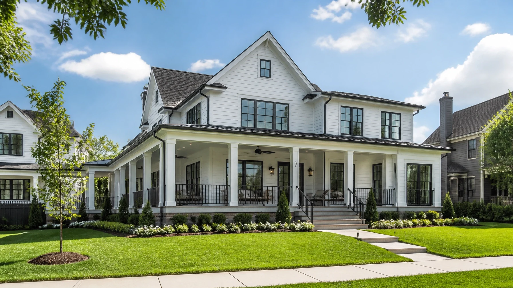 A large, upscale white home.