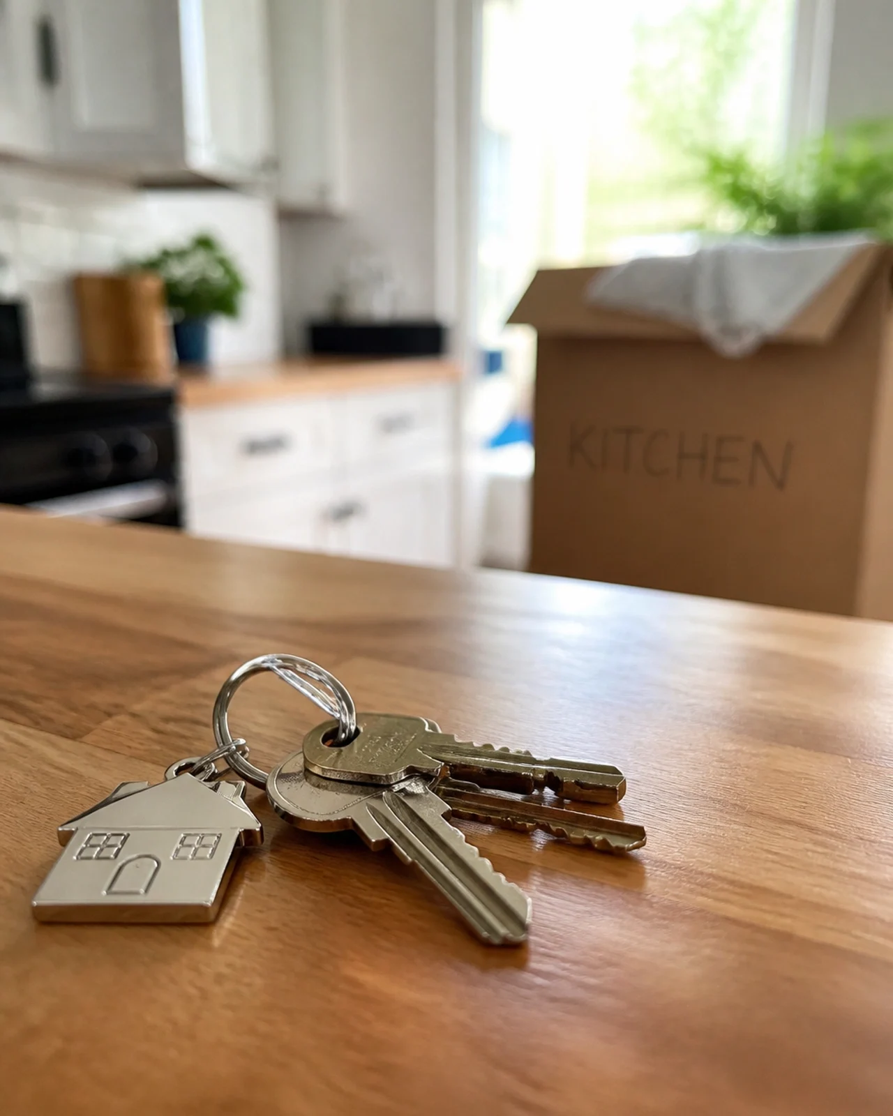 A set of house keys resting on a kitchen countertop, symbolizing a new home purchase or move-in day.