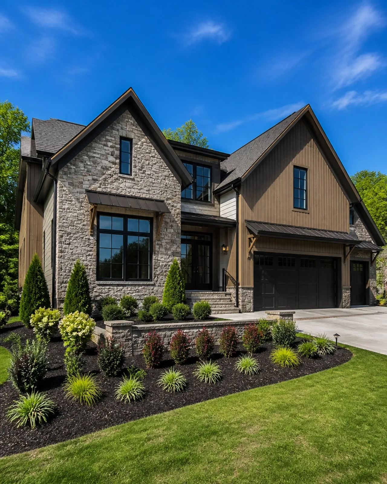 A modern luxury home with stone accents and beautifully landscaped surroundings sits under a bright blue sky.