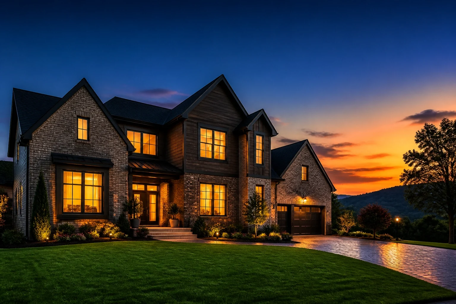 A beautifully lit modern home glowing warmly against a colorful sunset sky.