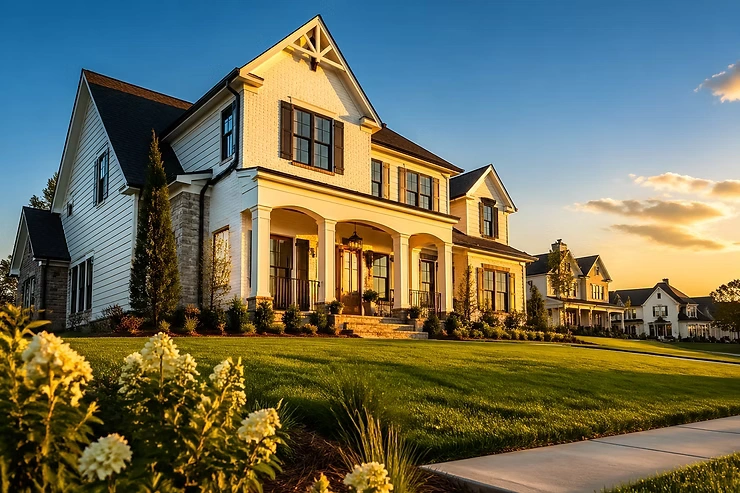 Beautiful suburban home with modern design and strong curb appeal at sunset.