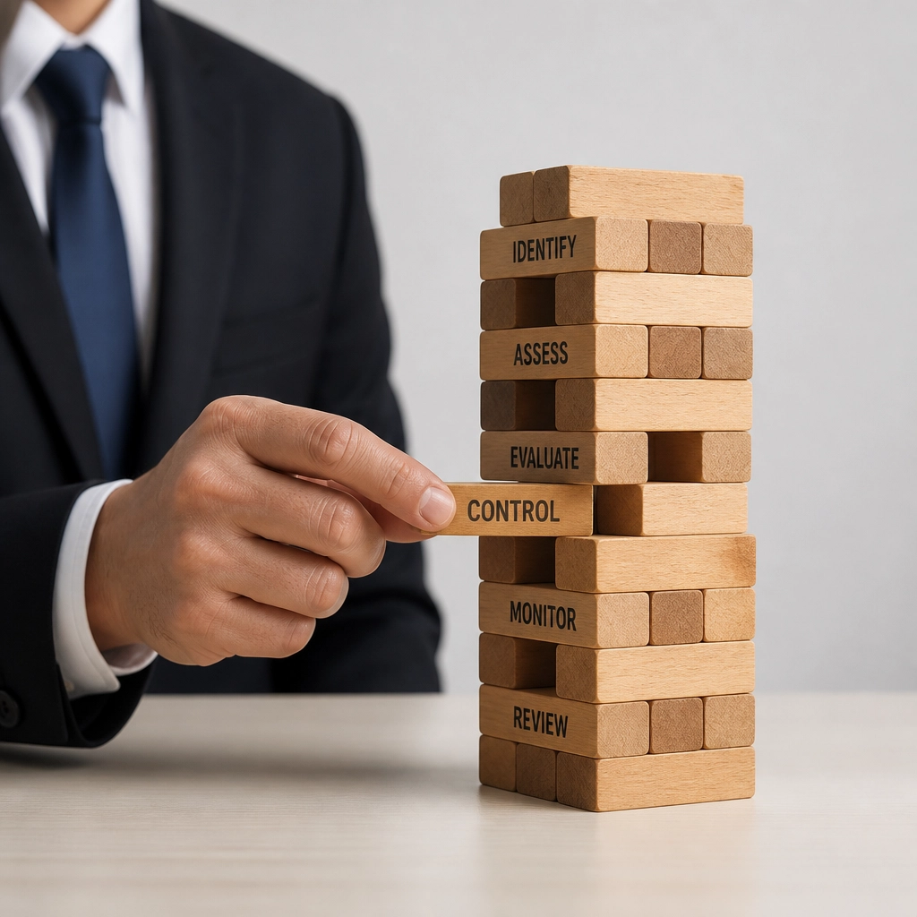 A business professional carefully removing a block from a wooden tower labeled with risk management steps such as identify, assess, evaluate, control, monitor, and review.
