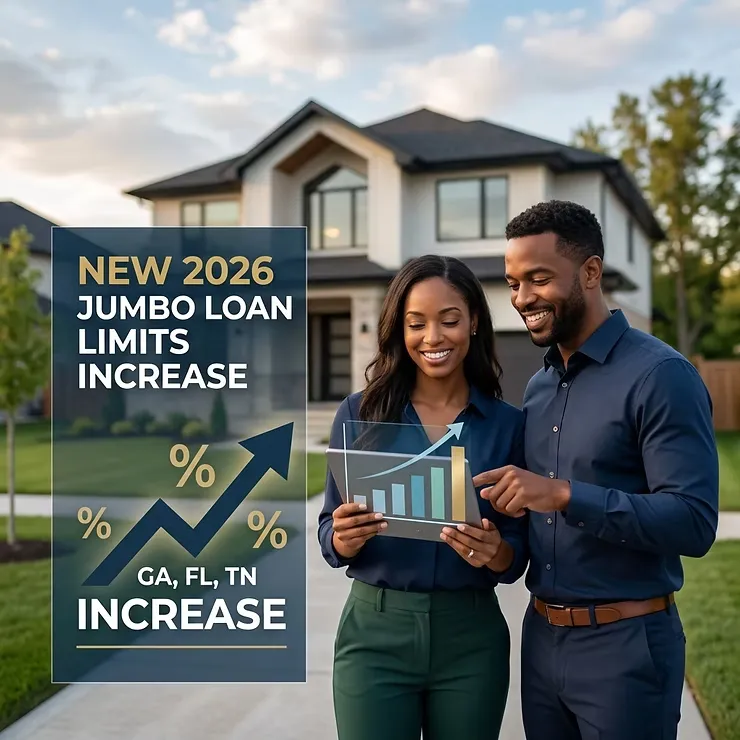 A smiling couple standing in front of a modern home, reviewing a tablet. A graphic announcing increased 2026 Jumbo Loan limits for Georgia, Florida, and Tennessee with an upwards trend arrow is also displayed.