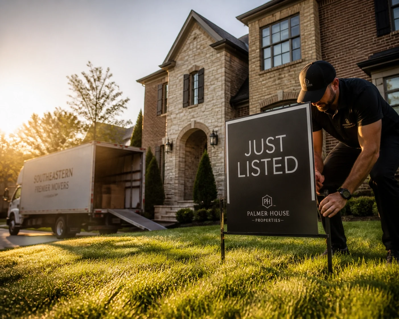 A man is placing a “Just Listed” real estate sign in front of a large house while a moving truck is parked nearby at sunset.