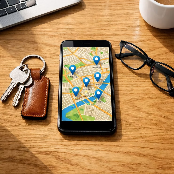 Phone sitting on a counter with pin drops for locations on a map.