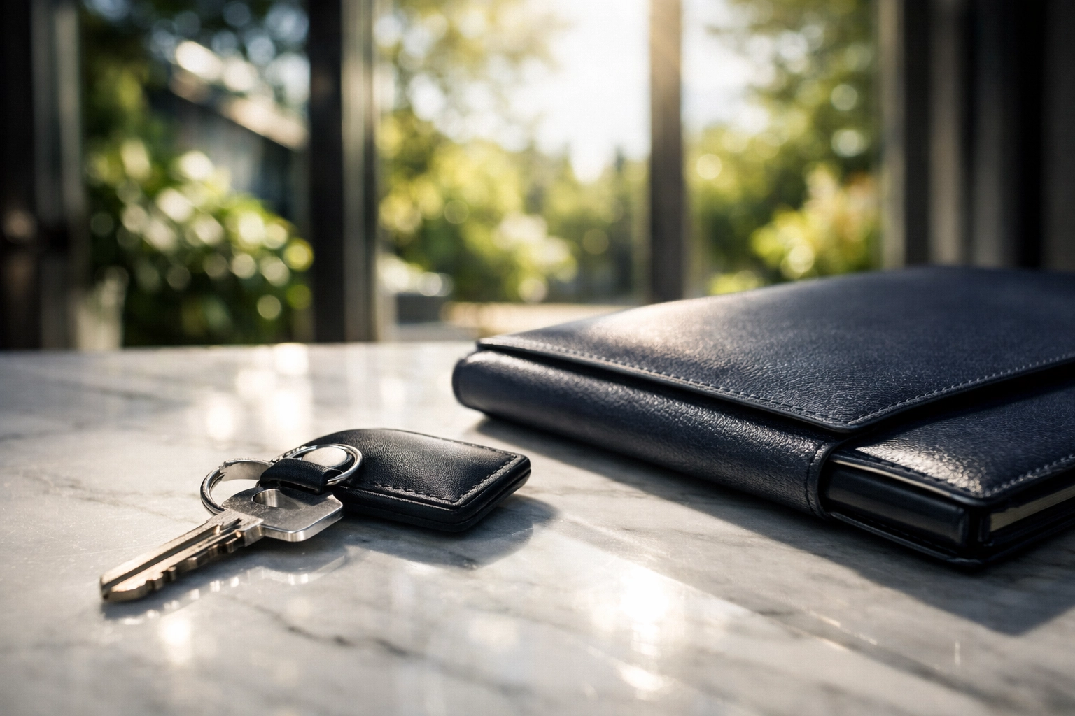 House keys and a leather wallet rest on a marble surface.