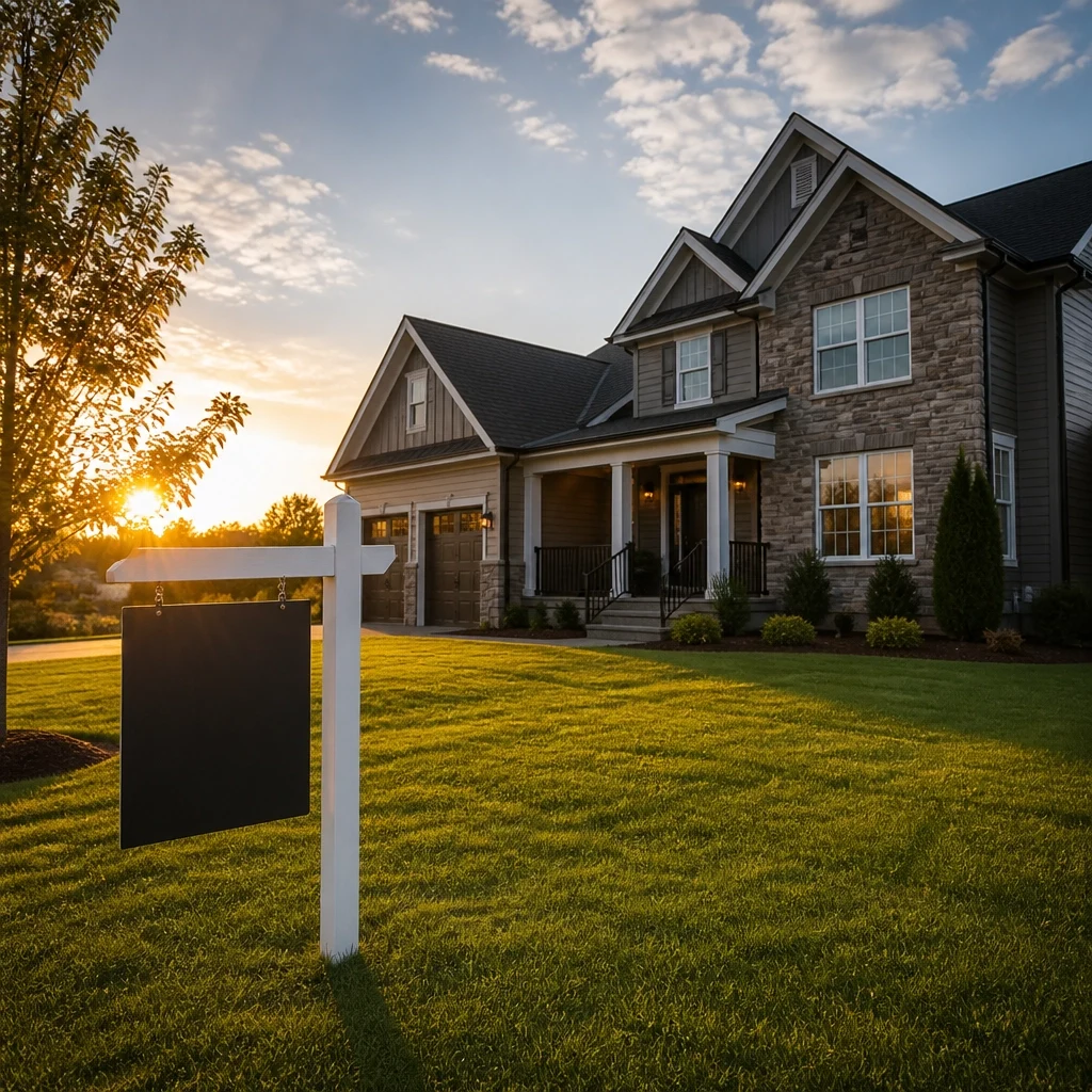 A residential property with a real estate sign displayed in the front yard at sunset.