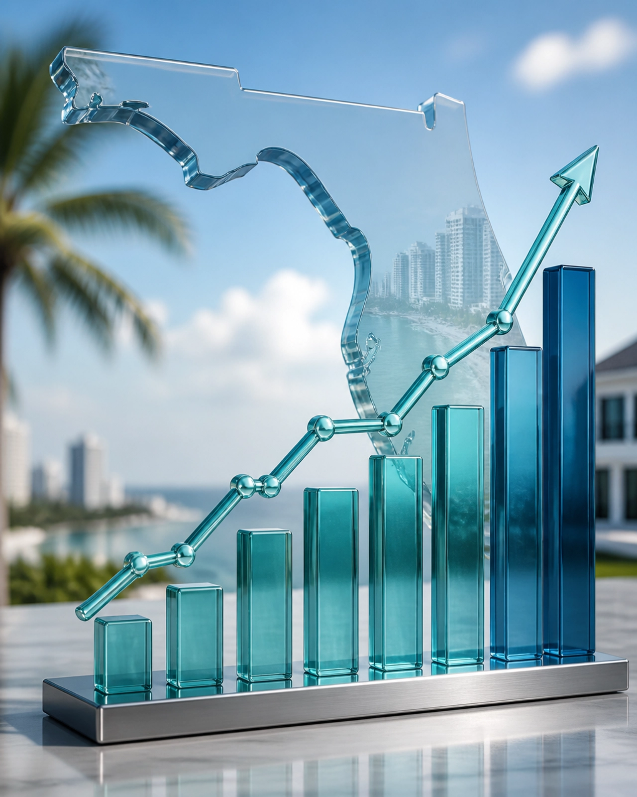 Glass bar chart with an upward trend in front of a transparent outline of Florida, symbolizing growth in the 2026 Florida housing and mortgage market against a coastal real estate backdrop.