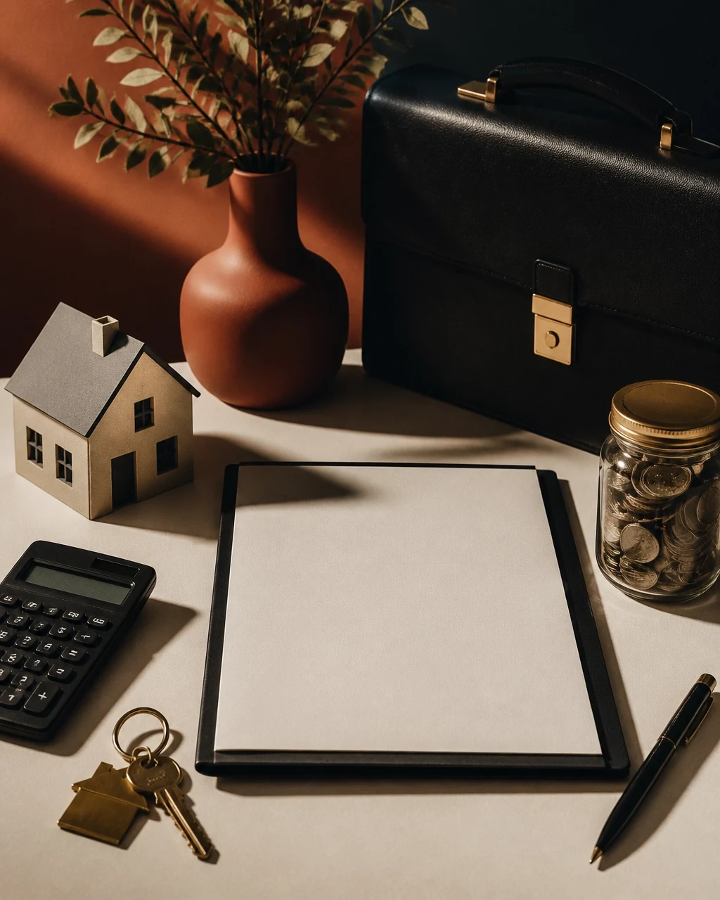 Mortgage planning workspace with house model, calculator, keys, financial documents, and savings jar