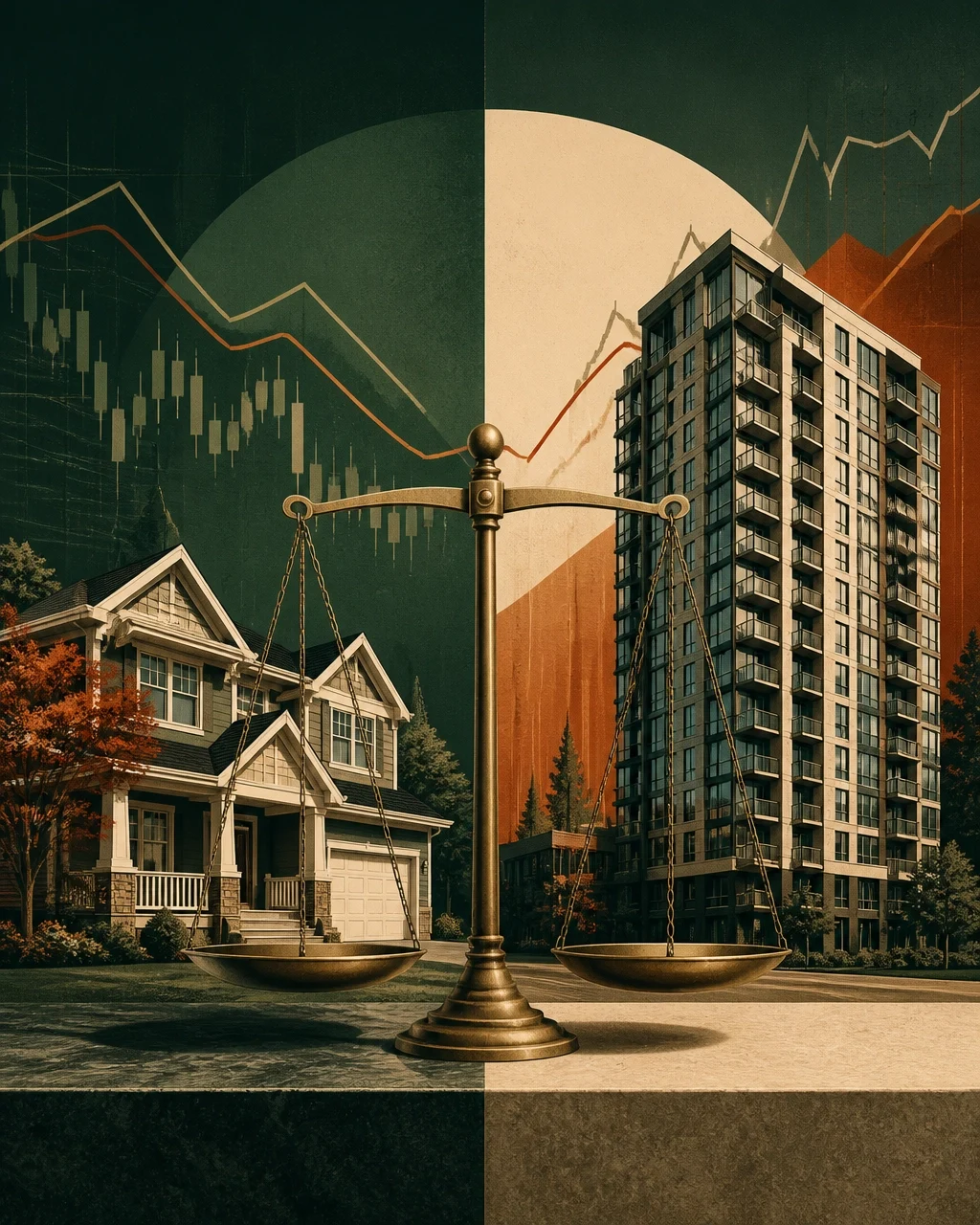Balanced scale comparing single-family home and high-rise condo with real estate market trends and housing values