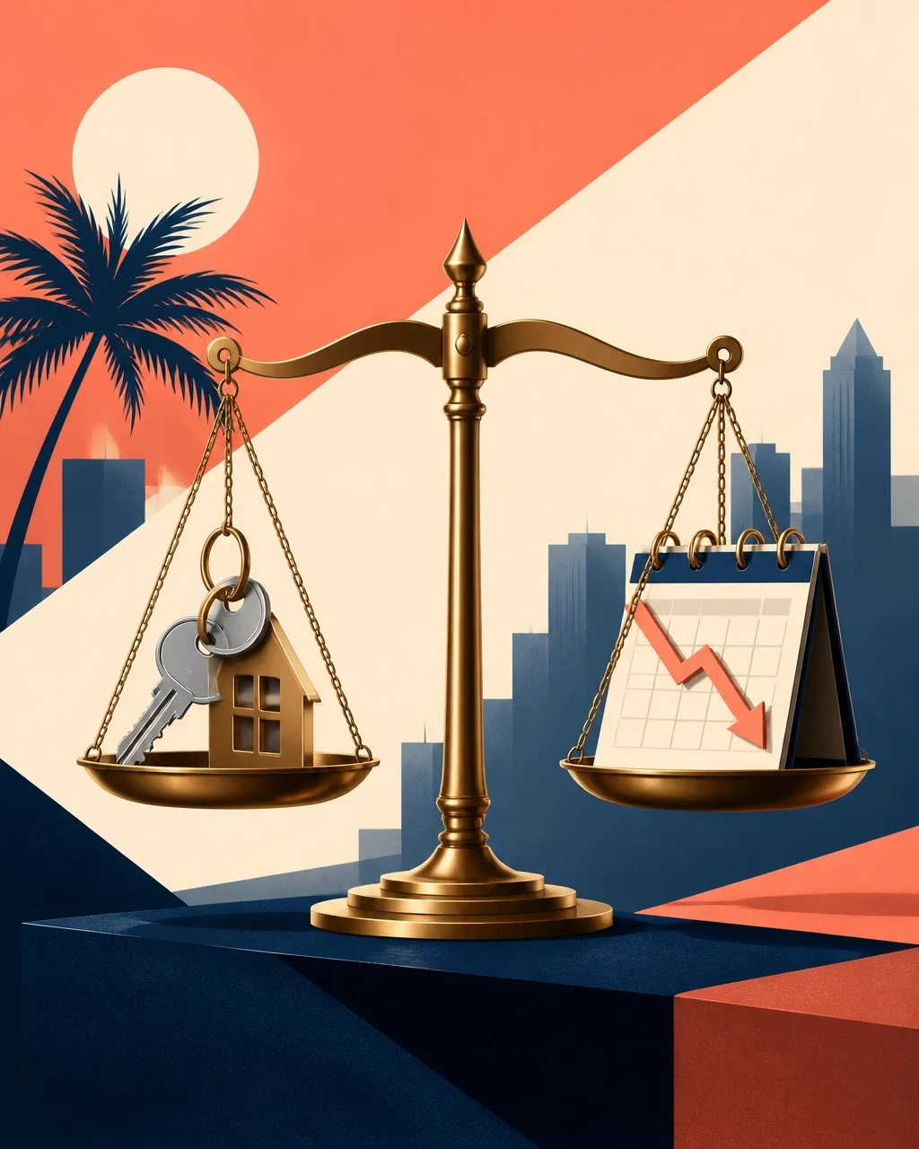 Home buying and market conditions illustrated by a balance scale comparing house keys with declining market trends