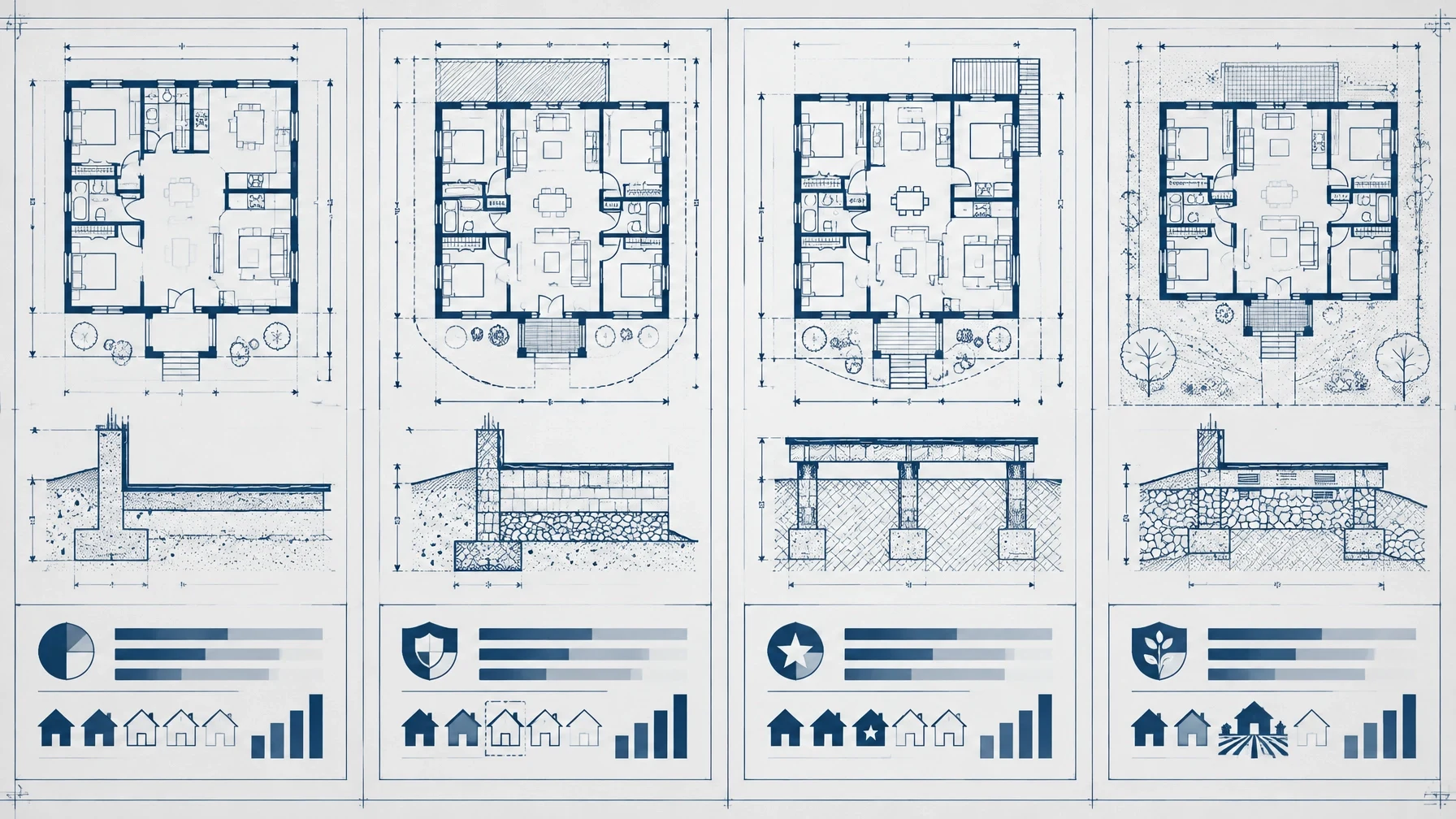 Architectural house floor plans and foundation drawings illustrating residential home design and construction planning