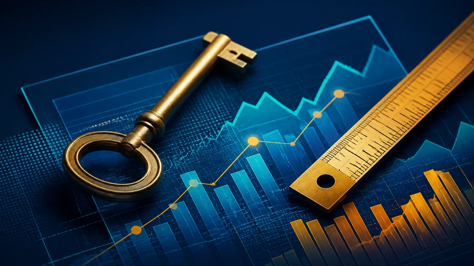 Gold key and measuring ruler over financial market charts