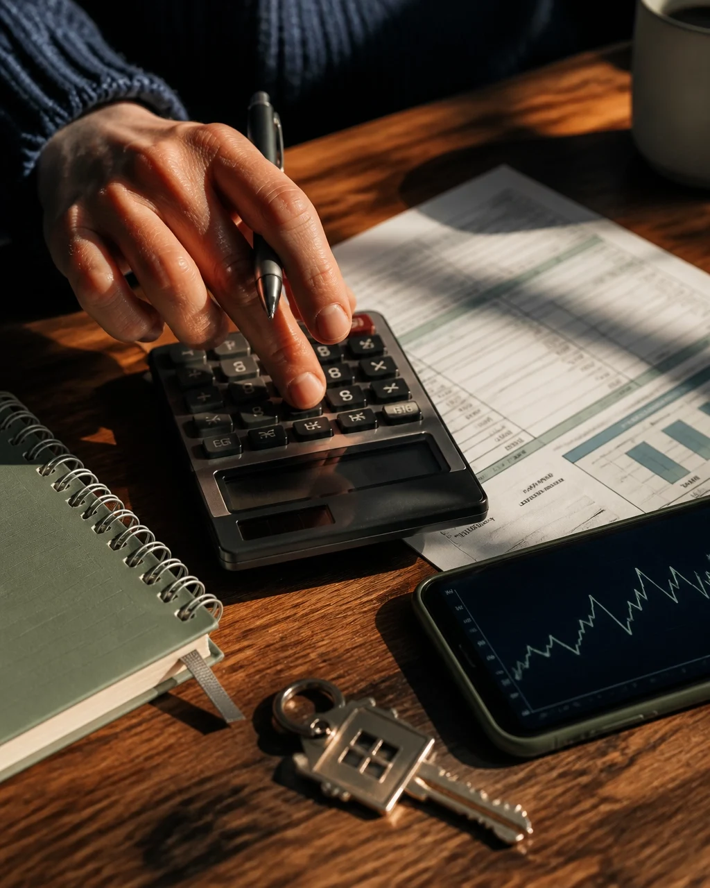 Homeowner calculating expenses with a calculator, financial documents, notebook and house keys