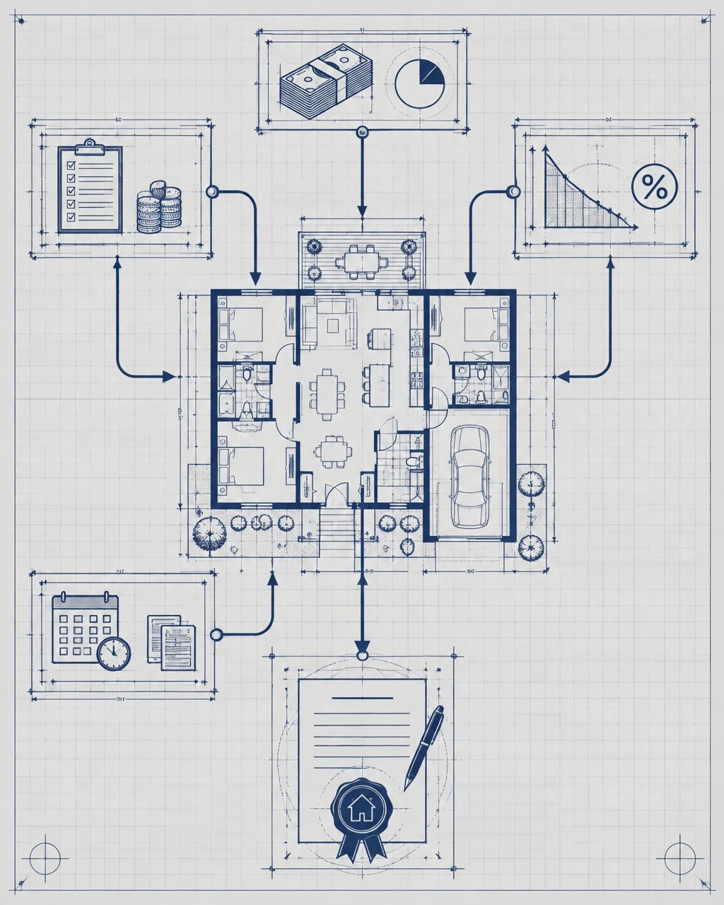 Home floor plan surrounded by financial planning icons, mortgage documents, interest rate chart, and homeownership checklist