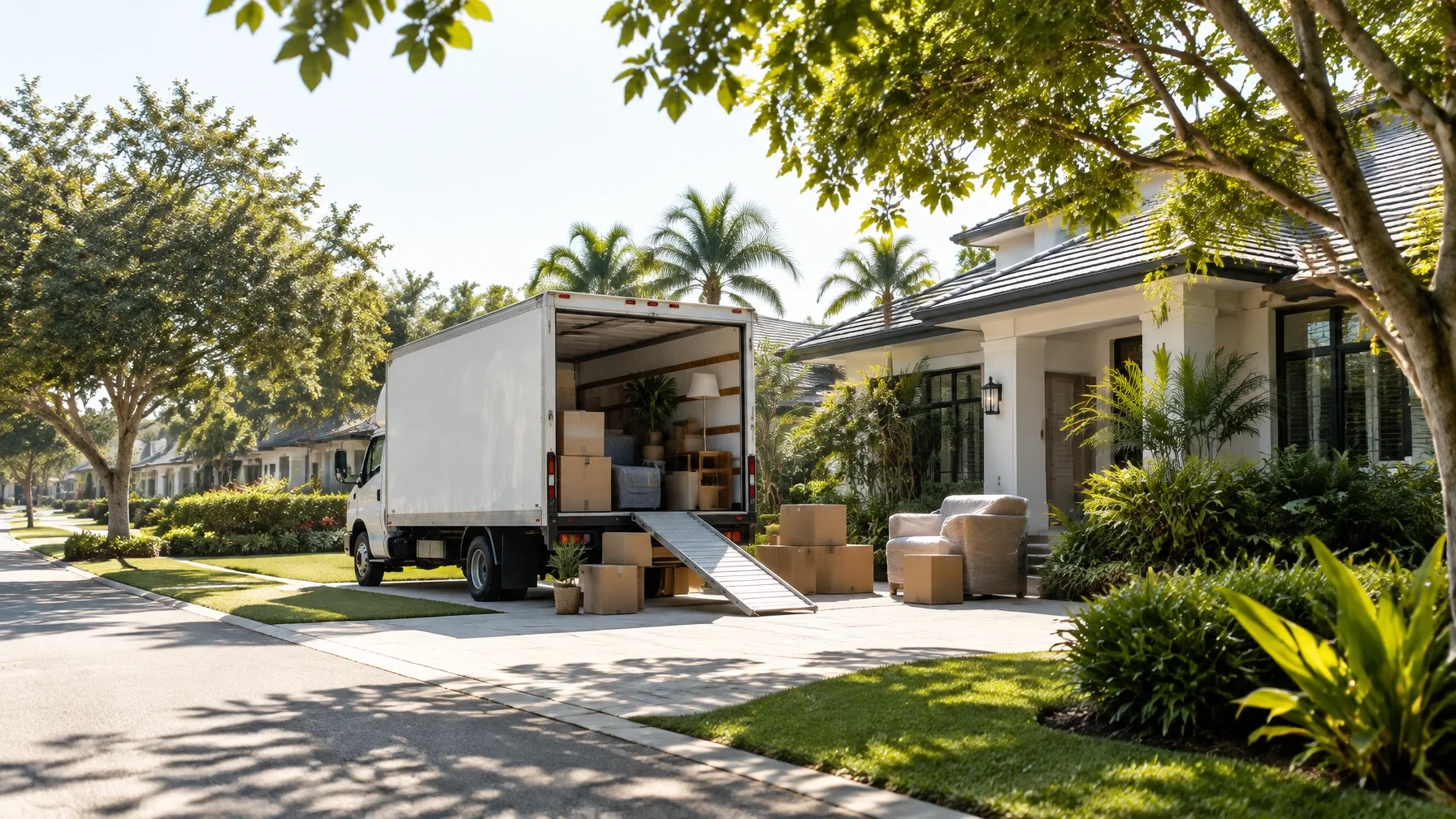 Moving truck with ramp and boxes in the driveway of a new home on moving day