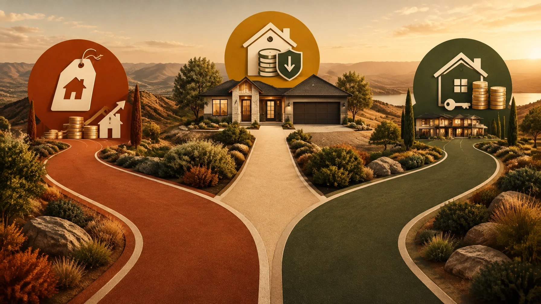 Three paths leading to a home, each marked with a different mortgage icon: price tag, rate buydown shield, and house key with coins