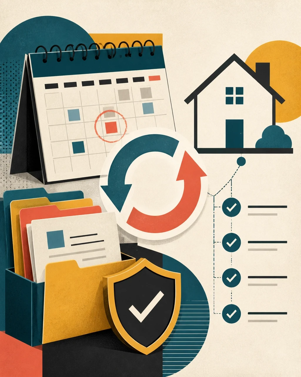 Real estate transaction checklist with calendar, documents, home icon, and security shield representing organized home buying