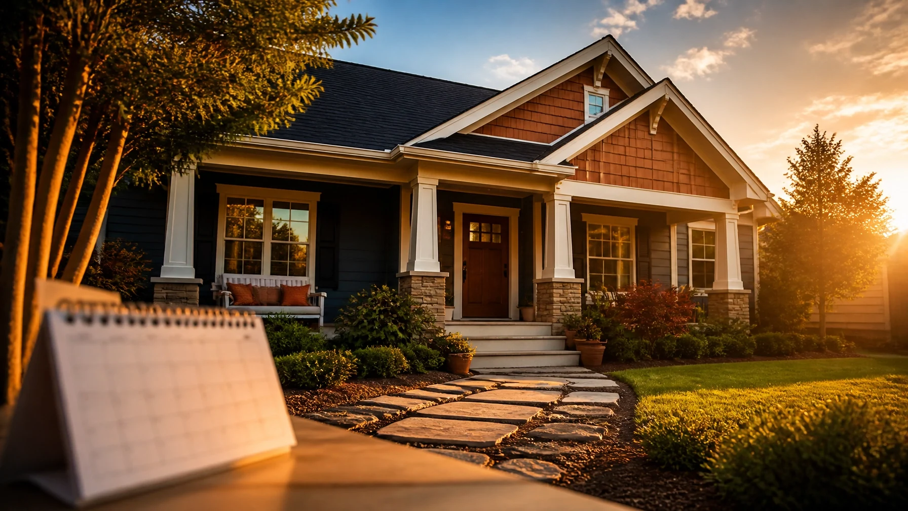 House exterior at sunset with a calendar representing homeownership planning and timing