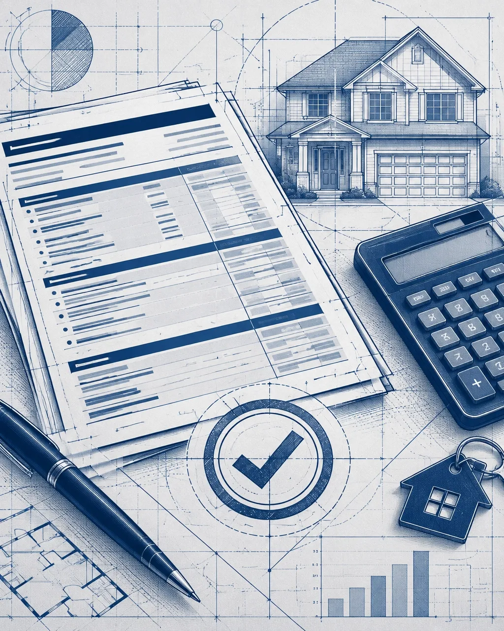 Mortgage planning documents with house blueprint, calculator, pen, and home purchase approval checklist
