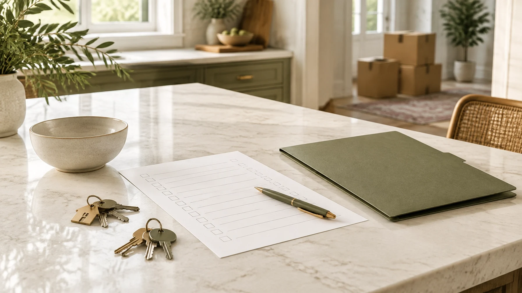 Closing day checklist with house keys and document folder on a kitchen counter beside moving boxes