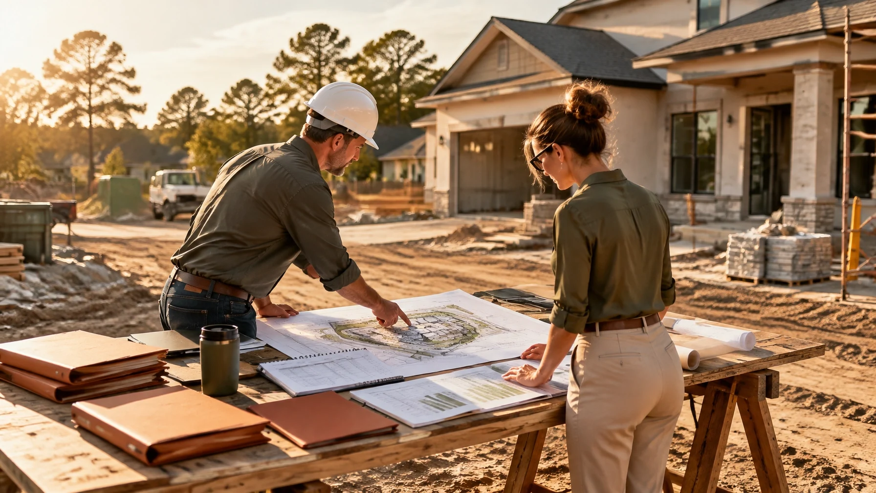 Builder and homebuyer reviewing site plans on a table outside a new construction home