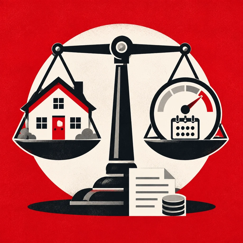 Home affordability concept showing a house and mortgage documents balanced against interest rates and purchase timing