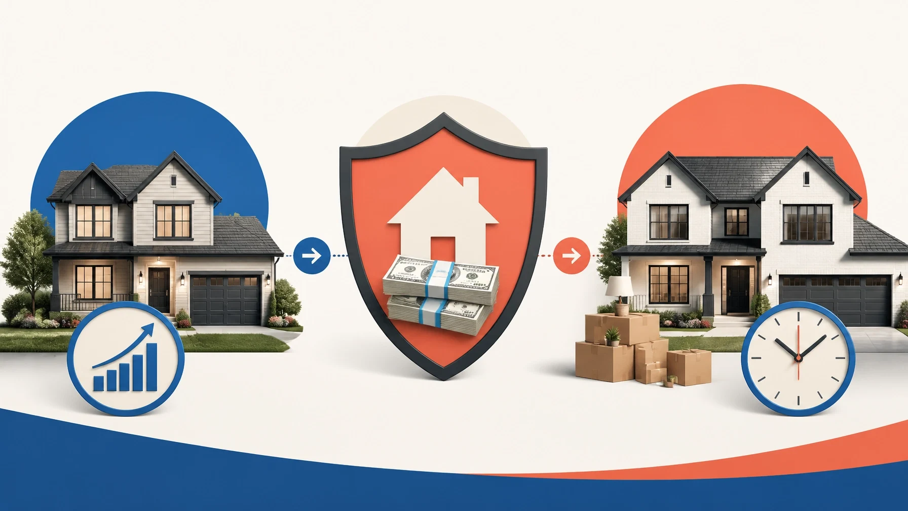 Home buying and moving concept showing two houses, cash savings, moving boxes, market growth, and timing indicators