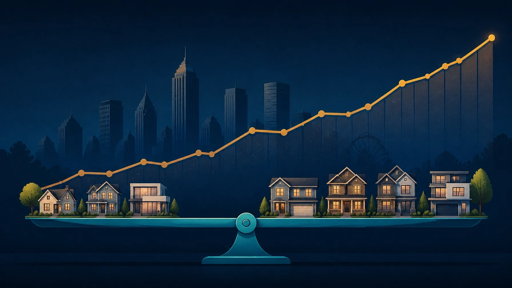 Real estate market illustration showing home values and housing trends with an upward graph against a city skyline.