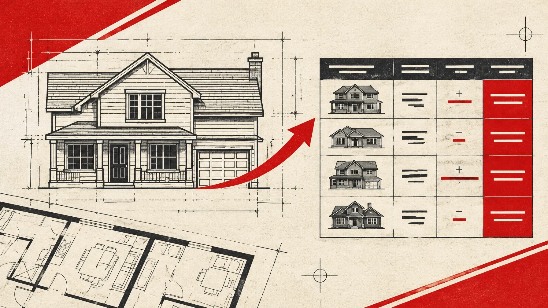 Home price and mortgage comparison graphic with house blueprint, floor plan, and upward market arrow