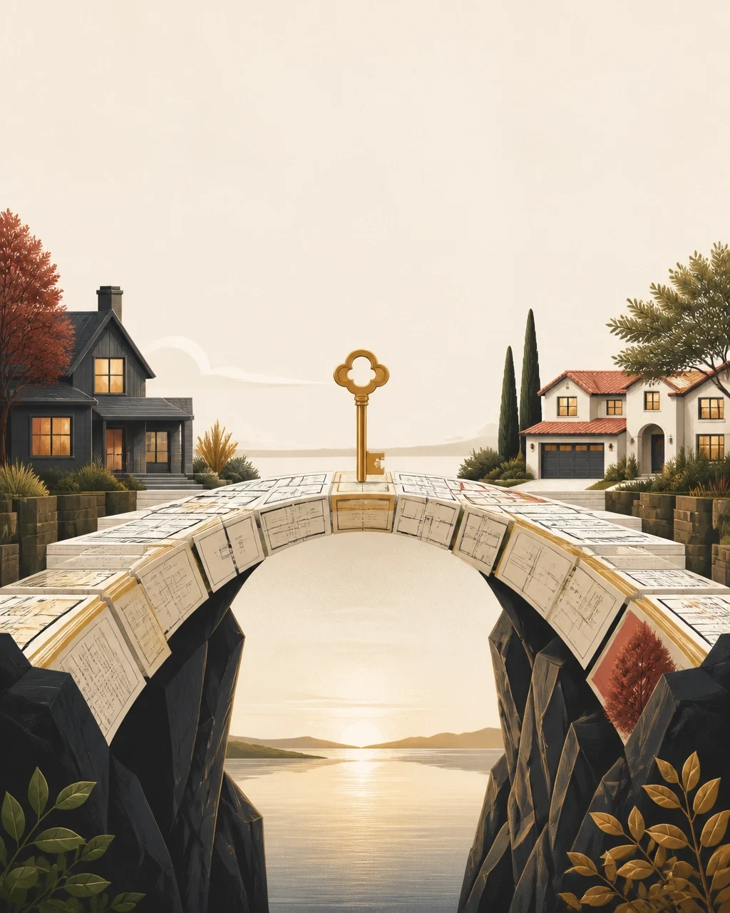 Real estate planning concept with house keys, architectural plans, and two homes connected by a bridge representing homeownership options