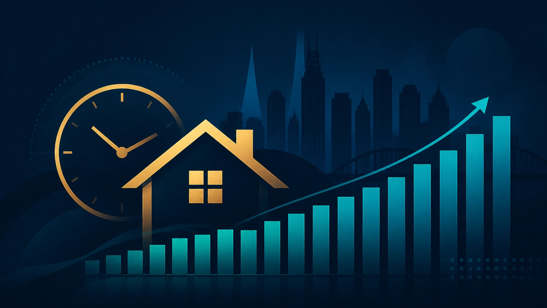 Illustration of rising real estate values with a house, clock, city skyline, and upward market growth chart. Housing market analysis: