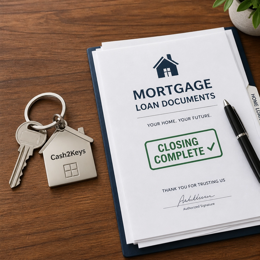 Cash2Keys keychain beside completed mortgage loan documents, symbolizing a successful home purchase and cash offer financing in the Florida housing market.