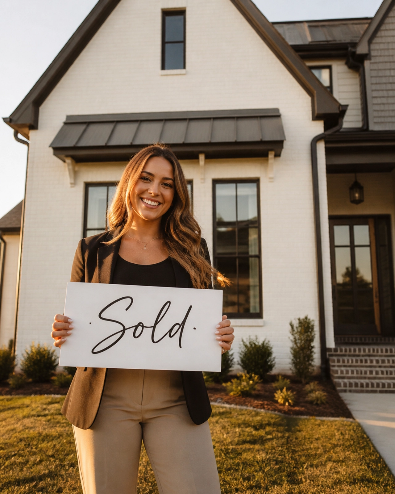 Smiling homebuyer holding a "Sold" sign in front of a newly purchased house, celebrating successful homeownership, mortgage approval, and a completed real estate transaction.