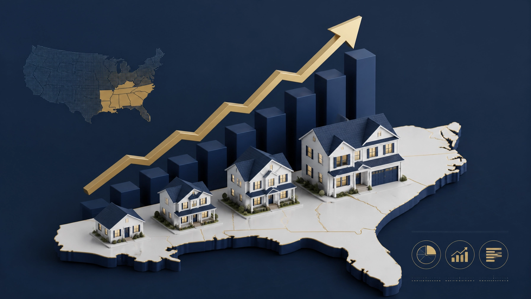 3D illustration of the Southeastern United States housing market featuring homes, an upward-trending bar chart, and a rising arrow, representing real estate appreciation, home values, and market growth in the Southeast.