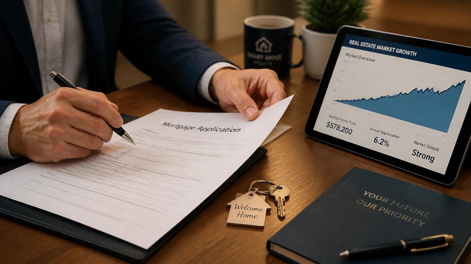 Mortgage application signing with homebuyer documents, house keys, and real estate market data on a tablet.