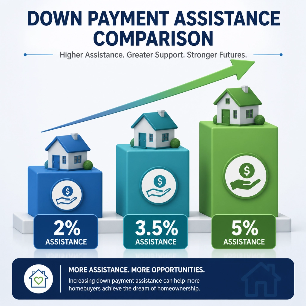 Down payment assistance comparison chart showing 2%, 3.5%, and 5% homebuyer assistance options.