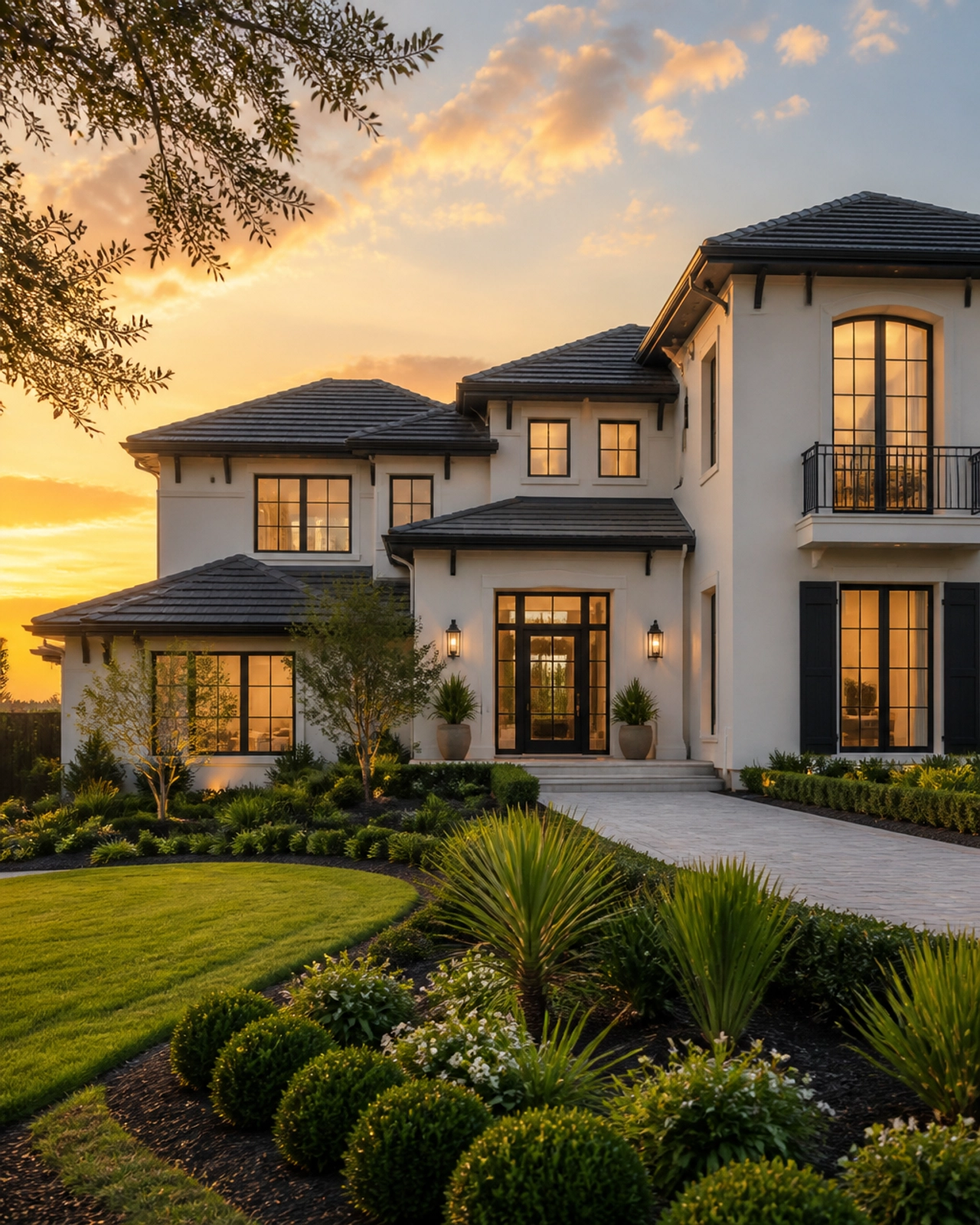 Modern luxury home with landscaped front yard, elegant exterior design, and curb appeal in a suburban residential neighborhood.