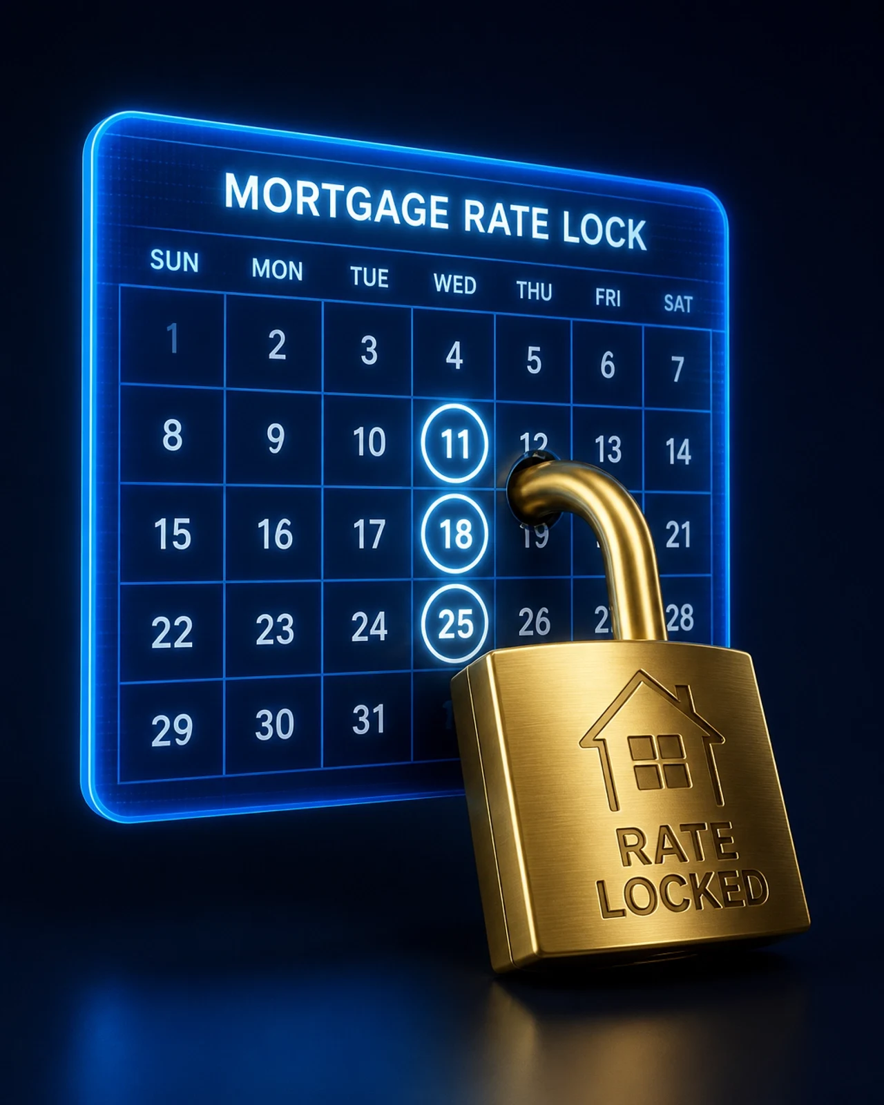 Digital mortgage rate lock calendar with highlighted dates and a gold padlock symbolizing locking in a home loan interest rate before closing.