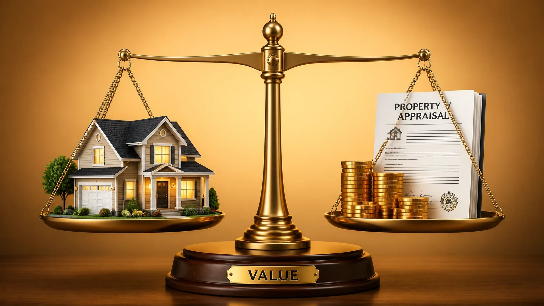 House balanced against a property appraisal report and gold coins on a scale, illustrating the relationship between home value and real estate appraisal.
