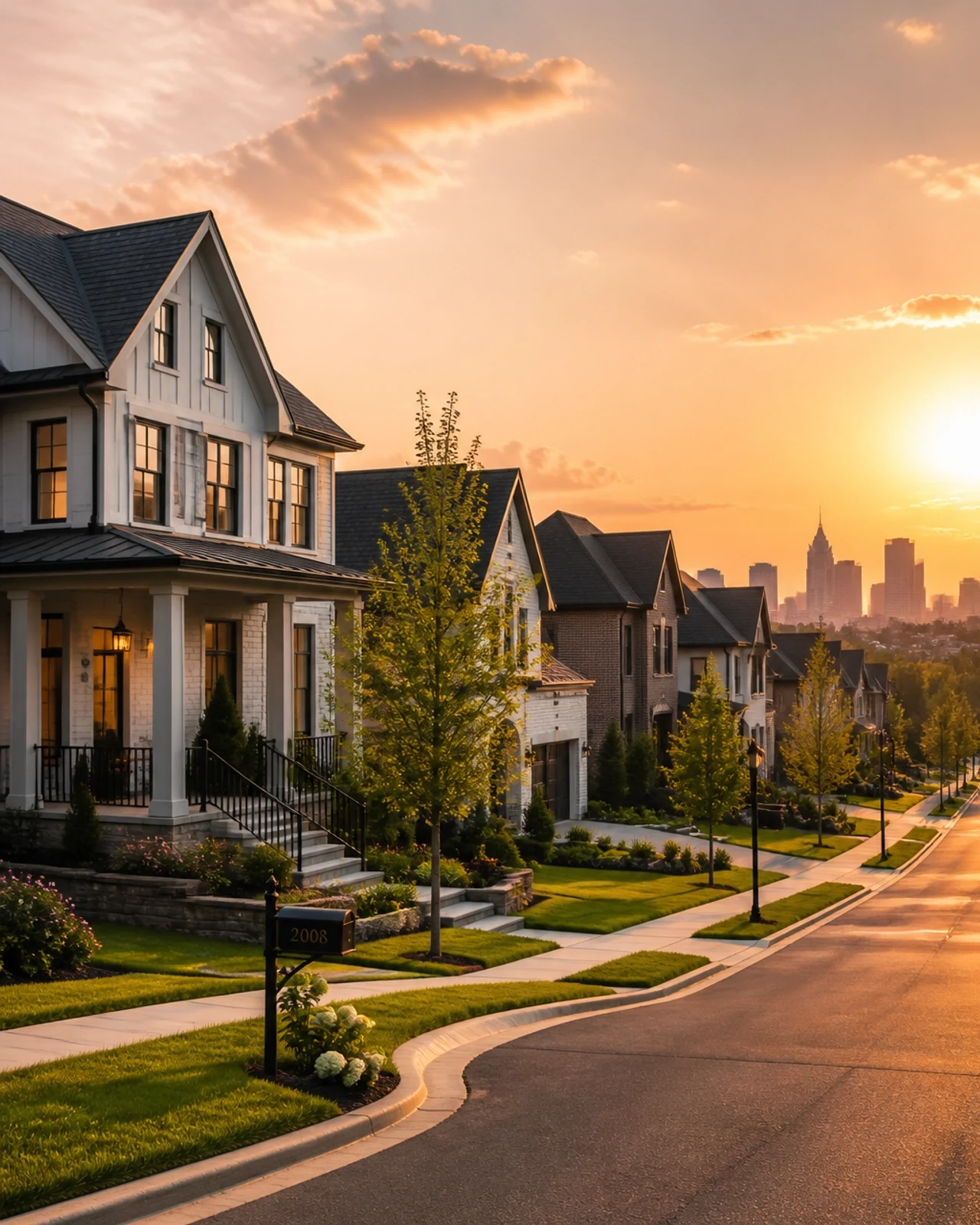 Beautiful suburban neighborhood with newly built single-family homes and tree-lined streets at sunset, representing modern residential real estate.