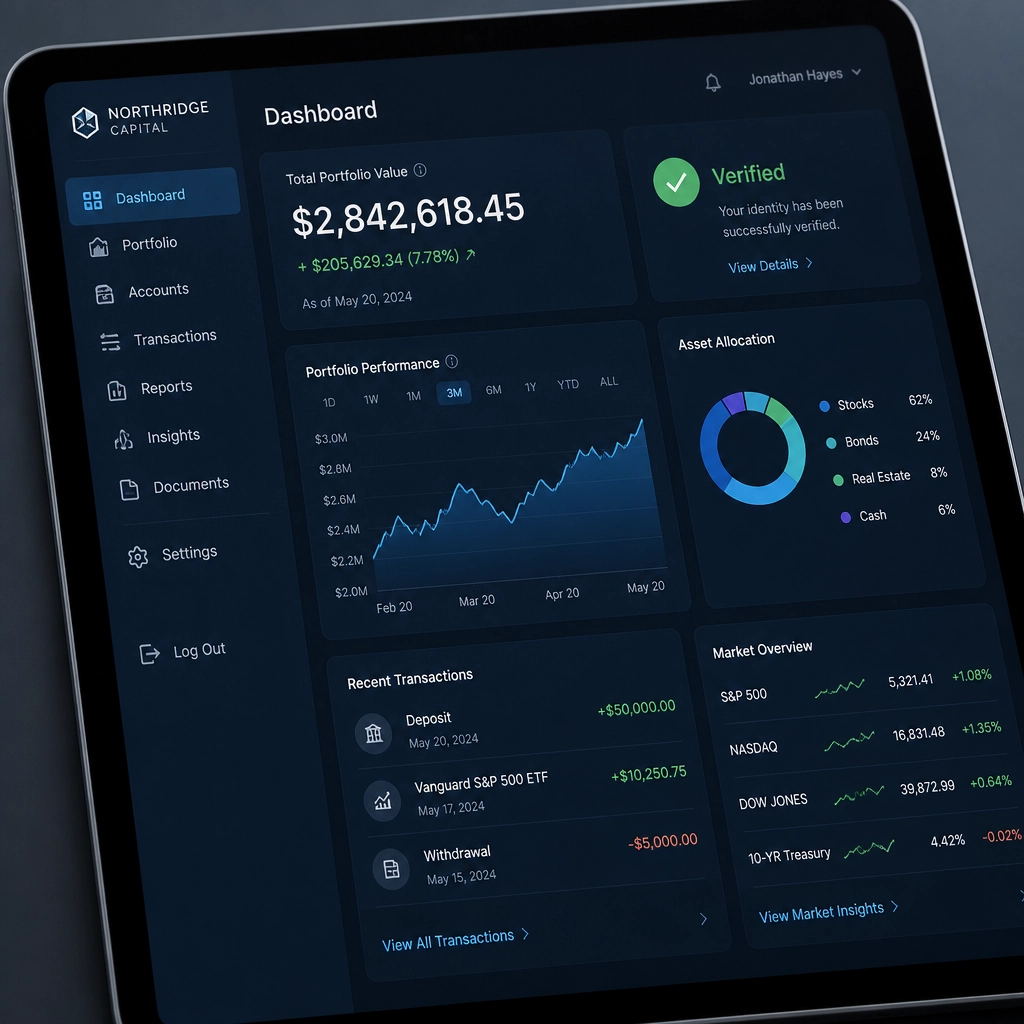 Digital financial dashboard displaying investment performance, portfolio value, market trends, and asset allocation for real estate and wealth management.