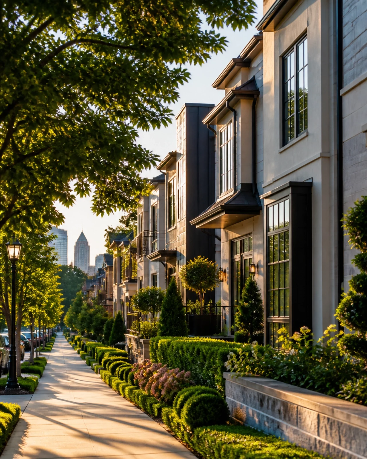 Elegant modern townhomes along a landscaped, tree-lined sidewalk in a walkable neighborhood, highlighting luxury residential living and desirable urban real estate.